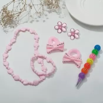 Набор детский «Выбражулька» 6 предметов:2 резинки, клипсы, бусы, браслет, фломастер, котёнок, розовый