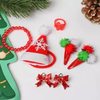 Набор детский новогодний "Выбражулька" 6 предметов: 2 заколки, резинка для волос, клипсы, браслет, кольцо,ёлка,цвет красно-белый