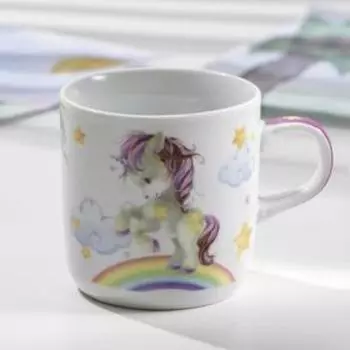 Набор детской посуды из керамики Доляна «Единорог», 3 предмета: кружка 230 мл, миска 400 мл, тарелка d=18 см, цвет белый