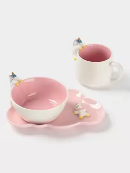 Набор детской посуды Доляна «Радужный единорог», 3 предмета: кружка 350 мл, супница 450 мл, тарелка, керамика, розовый