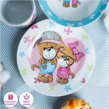 Набор детской посуды Доляна «Щенки», 3 предмета: кружка 230 мл, миска 400 мл, тарелка d=18 см