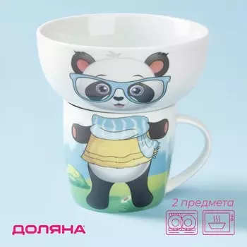 Набор детской посуды из керамики Доляна «Панда», 2 предмета: кружка 230 мл, миска 400 мл, цвет белый