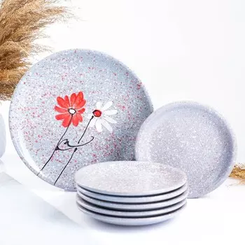 Набор тарелок для блинов Псковский гончар «Ромашка двойная», 7 предметов: 6 шт. d=16 см, 1 шт. d=24 см, серый