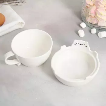 Кружка с блюдцем Дорого внимание «Белый кот», керамика, 150 мл, 10 х 3 см, белая