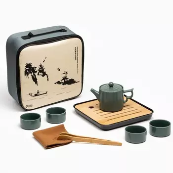 Набор для чайной церемонии ДЖЕКИЧАЙ, 8 предметов, на 4 персоны, чашка 70 мл, чайник 200 мл, керамика, зелёный