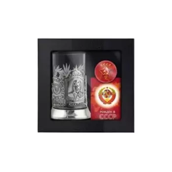 Набор для чая «Сталин» никелированный с чернением, с открыткой и значком «СССР»