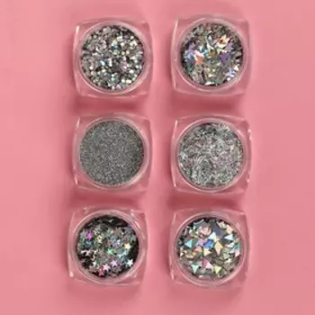 Набор для декора, в пластиковом органайзере, 6 баночек, цвет серебристый