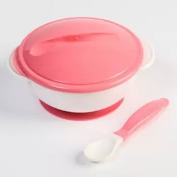 Набор для кормления: миска на присоске с крышкой, ложка, цвет белый/розовый