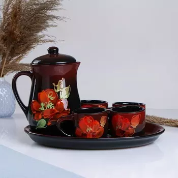 Набор для напитков "Праздничный" мак на черном, 4х0,2л / 1,7л / 34,5х24,5см