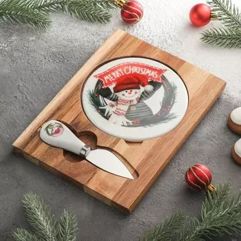 Набор для подачи сыра «Снеговик», нож, 21×15,5×1,5 см, прямоугольный, акация