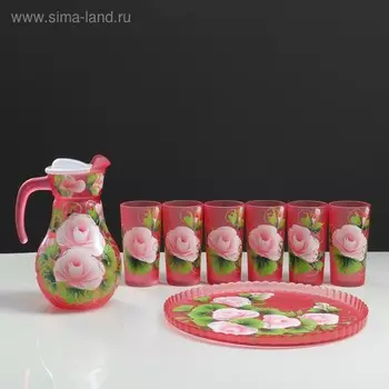 Набор для сока с подносом "Розы" художественная роспись, 6 стаканов 1250/200 мл, красный