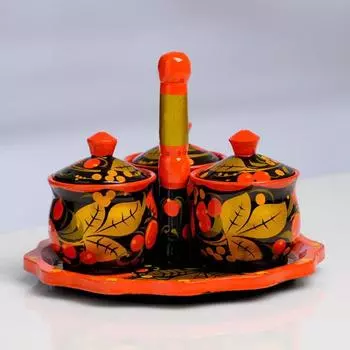 Набор для специй, 5,5х6,5 см,с подносом 15 см, хохлома