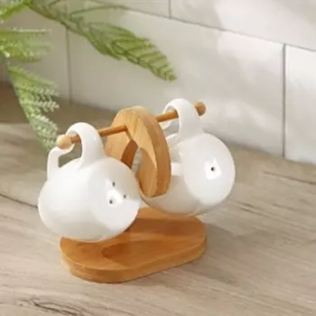 Набор для специй BellaTenero «Баночки», солонка 110 мл, перечница 110 мл, на бамбуковой подставке-держателе, фарфор, белый