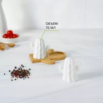 Набор для специй BellaTenero «Кактусы», солонка 75 мл, перечница 75 мл, на бамбуковой подставке, фарфор, белый