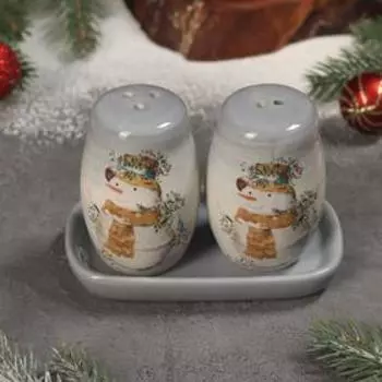 Набор для специй Доляна «Рождественский снеговик», 3 предмета: солонка 130 мл, перечница 130 мл, подставка