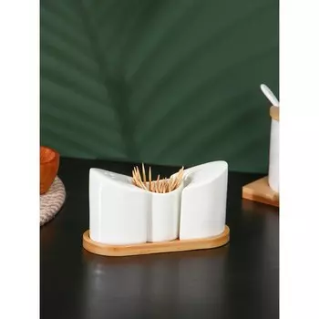 Набор для специй BellaTenero, солонка 60 мл, перечница 60 мл, ёмкость для зубочисток, на бамбуковой подставке, фарфор, белый