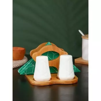 Набор для специй BellaTenero, солонка 60 мл, перечница 60 мл, салфетница, на бамбуковой подставке, фарфор, белый