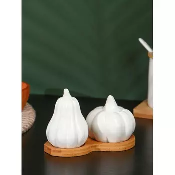 Набор для специй BellaTenero «Витамины», солонка 60 мл, перечница, 60 мл, на бамбуковой подставке, фарфор, белый