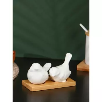 Набор для специй BellaTenero «Воробушки», солонка 75 мл, перечница 75 мл, на бамбуковой подставке, фарфор, белый