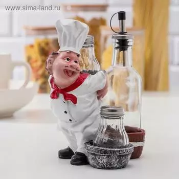 Набор для специй на подставке «Повар», 4 предмета: солонка, перечница, бутыль для масла и уксуса 200 мл, подставка, фигурка МИКС
