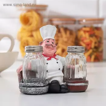 Набор для специй на подставке «Повар на диване», 3 предмета: солонка 50 мл, перечница 50 мл, подставка, стекло, фигурка МИКС