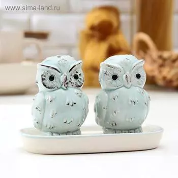 Набор для специй «Совушки», 2 предмета: солонка, перечница, на керамической подставке, цвет голубой