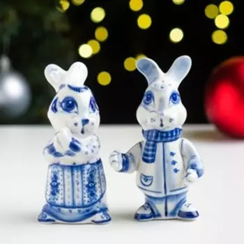 Набор для специй "Зайкина семейка", гжель, кобальтовая роспись, 19х15х9 см