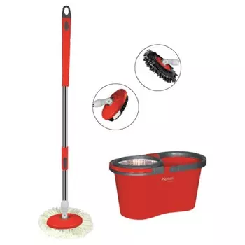 Набор для уборки Pioneer 7125S, ведро с отжимом, швабра, щетка и две насадки, красный