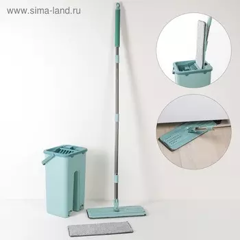 Швабра с отжимом и ведро Доляна, швабра плоская, ведро с двумя отсеками, 8 л, дополнительная насадка