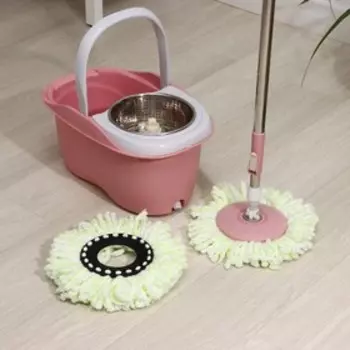 Швабра с отжимом и ведро с металлической центрифугой Доляна, 46,528,523,5 см, 10 л, телескопическая ручка 86-117,5 см, дополнительная насадка из микрофибры 15,5 см, цвет розовый