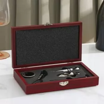 Набор для вина в кейсе, 5 предметов: пробка, воронка, штопор, кольцо, термометр