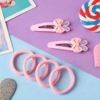 Набор для волос "Аврил" (4 резинки, 2 зажима) бантики ушки, 7х3 см, розовый