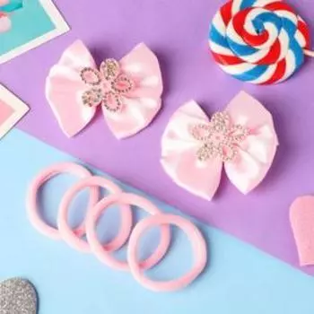 Набор для волос "Элис" (4 резинки, 2 зажима) цветочки сверкание, 5х5 см, розовый