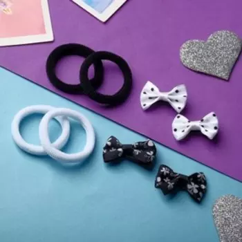 Набор для волос "Карапунька" (4 резинки, 4 зажима) горошек цветы, 2 см, чёрно-белый