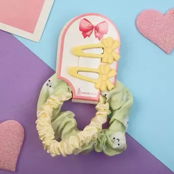 Набор для волос "Милица" 4 шт (невидимка 2 шт - 4 см, резинка 2 шт) звёздочки, салатовый