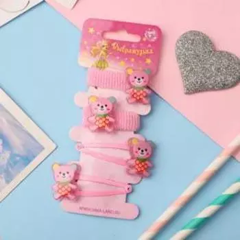 Набор для волос "Веселый глянец" (2 резинки, 2 невидимки) медвежата, розовый