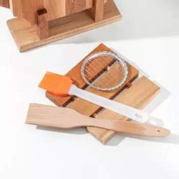 Нaбор досок разделочных нa подстaвке Премиум, 6 предметов: рaзделочные доски, лопaткa, овощерезкa, кисть, подстaвкa под горячее, бук