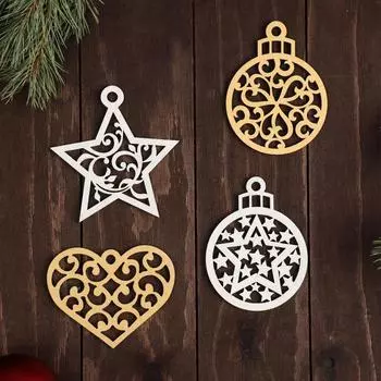 Набор елочных игрушек деревянных "МИКС" белый, золотой 33х12 см, 10х11,8 см