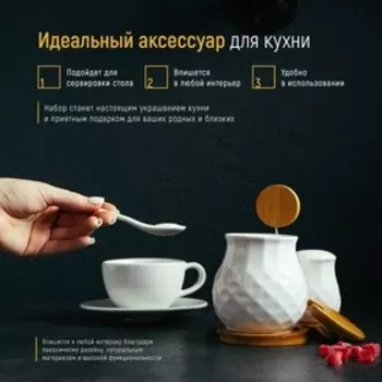 Набор для специй BellaTenero, 3 предмета: солонка 150 мл, перечница 150 мл, сахарница с ложкой 300 мл, на бамбуковой подставке, фарфор, белый