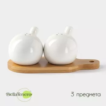 Набор для специй на бамбуковой подставке BellaTenero «Шарики», 2 предмета: солонка 100 мл, перечница 100 мл, фарфор, белый