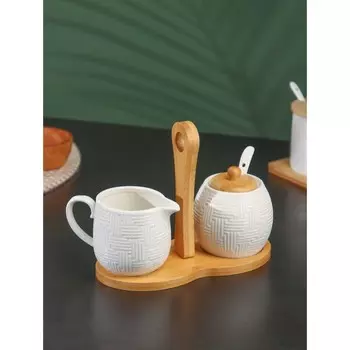 Набор фарфоровый сервировочный BellaTenero, 4 предмета: молочник 250 мл, сахарница с крышкой 250 мл, ложка, бамбуковая подставка, белая