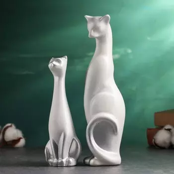 Набор фигур "Кошки" белые в серебре, 11х23х6см