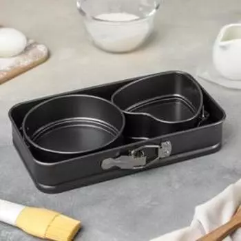 Набор форм для выпечки Доляна «Элин», 3 предмета: прямоугольная 1424,5 см, круглая d=11,5 см, сердце 1312 см, съёмное дно, антипригарное покрытие, цвет чёрный