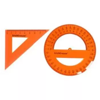 Набор геометрический ErichKrause Neon, пластиковый, большой (линейка, 2 угольника, транспортир), оранжевый, в zip-пакете