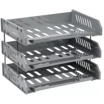 Набор горизонтальных лотков для бумаг с широкой загрузкой Стамм «Сити», 3 штуки, на металлических стержнях, серый