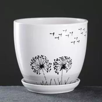 Набор горшков для цветов «Одуванчик», 4 шт., с поддоном, 0.4 / 1 / 2.5 / 5 л, керамика, белые с чёрным рисунком