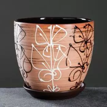 Набор горшков для цветов «Витраж», 4 шт., с поддоном, 0.4 / 1 / 2.5 / 5 л, керамика, коричневые с рисунком