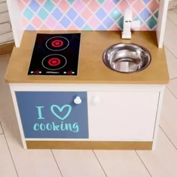 Игровая мебель «Детская кухня», цвет корпуса бело-бежевый, цвет фасада бело-голубой, фартук ромб