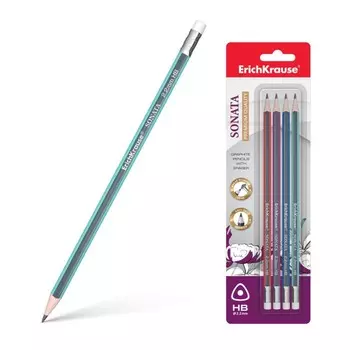 Набор чернографитных карандашей с ластиком 4 штуки ErichKrause Sonata, HB, грифель d=2.2 мм, дерево, трехгранные в блистере, микс