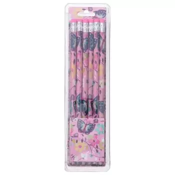 Набор карандашей чёрнографитных с ластиком "Бабочки", 12 штук, твёрдость НВ